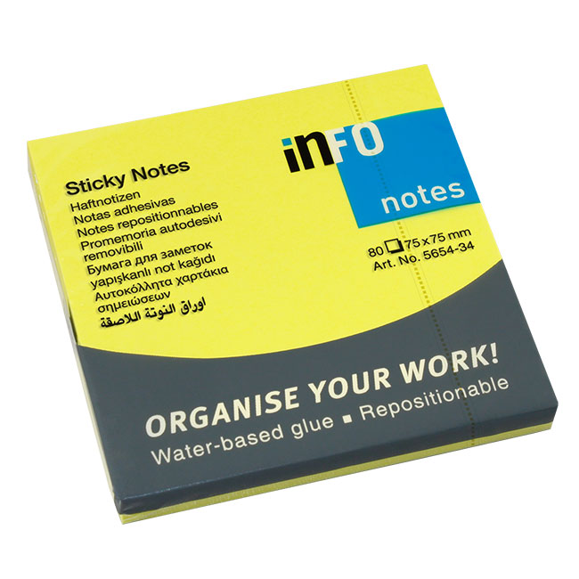 ---Самозалепващи листчета Info Notes Жълт неон 75х75 mm 80 листа