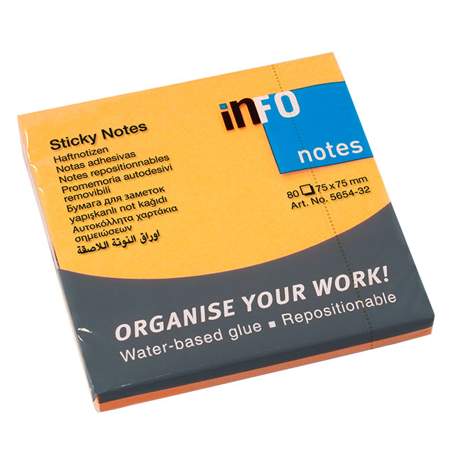 ---Самозалепващи листчета Info Notes Оранжев неон 75х75 mm 80 листа