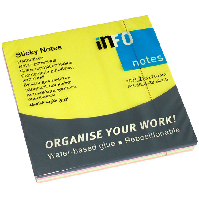Самозалепващи листчета Info Notes Микс неон 75х75 mm 100 листа